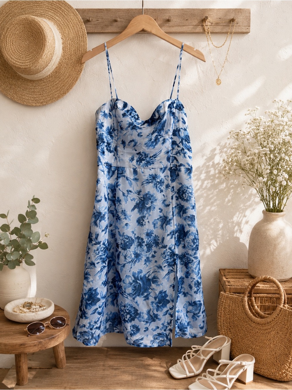 Abercrombie & Fitch Blue Floral Bustier Midi Dress Side Slit S